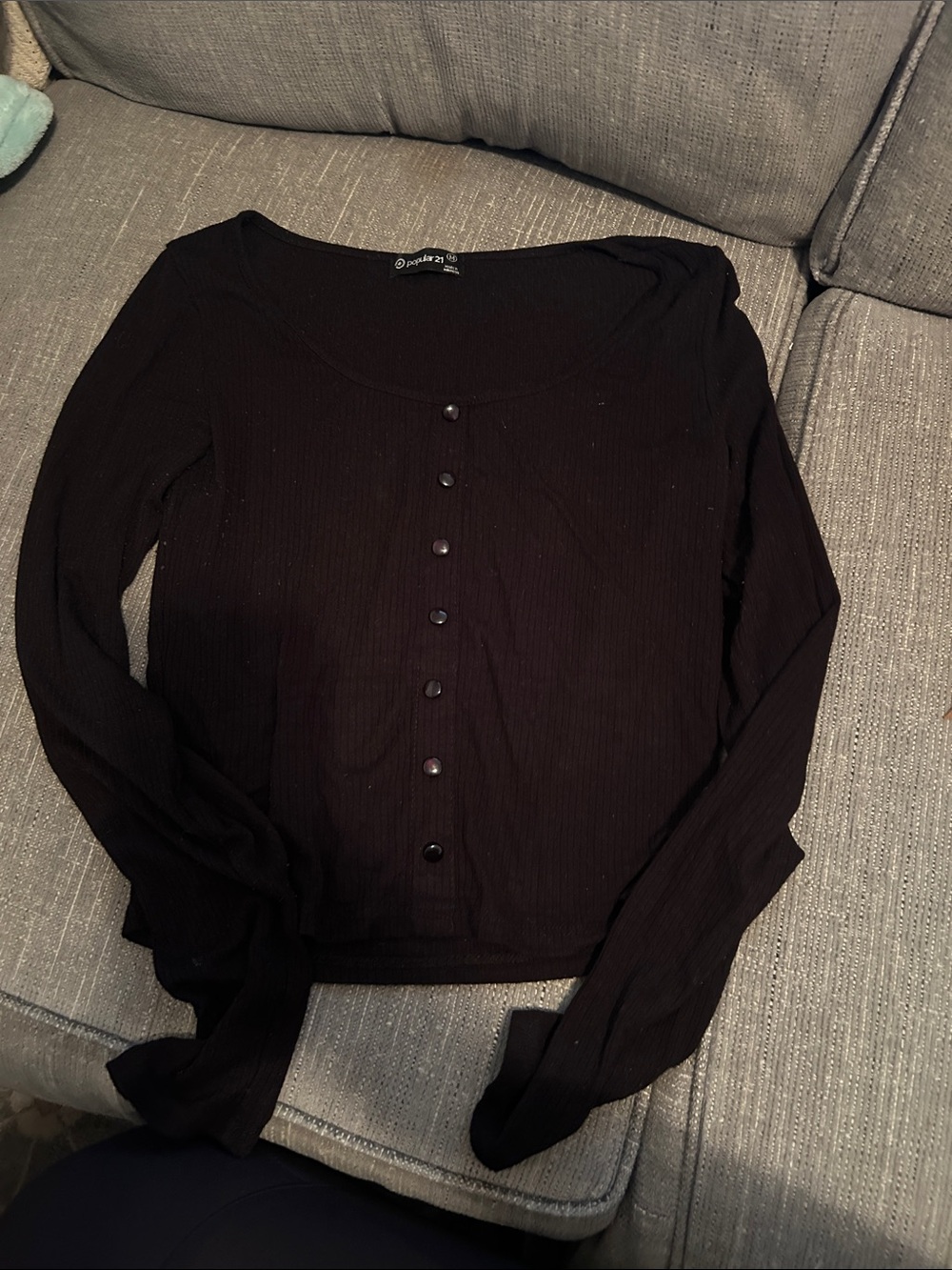 Forever 21 Black Ribbed Button-Front Long Sleeve Shirt